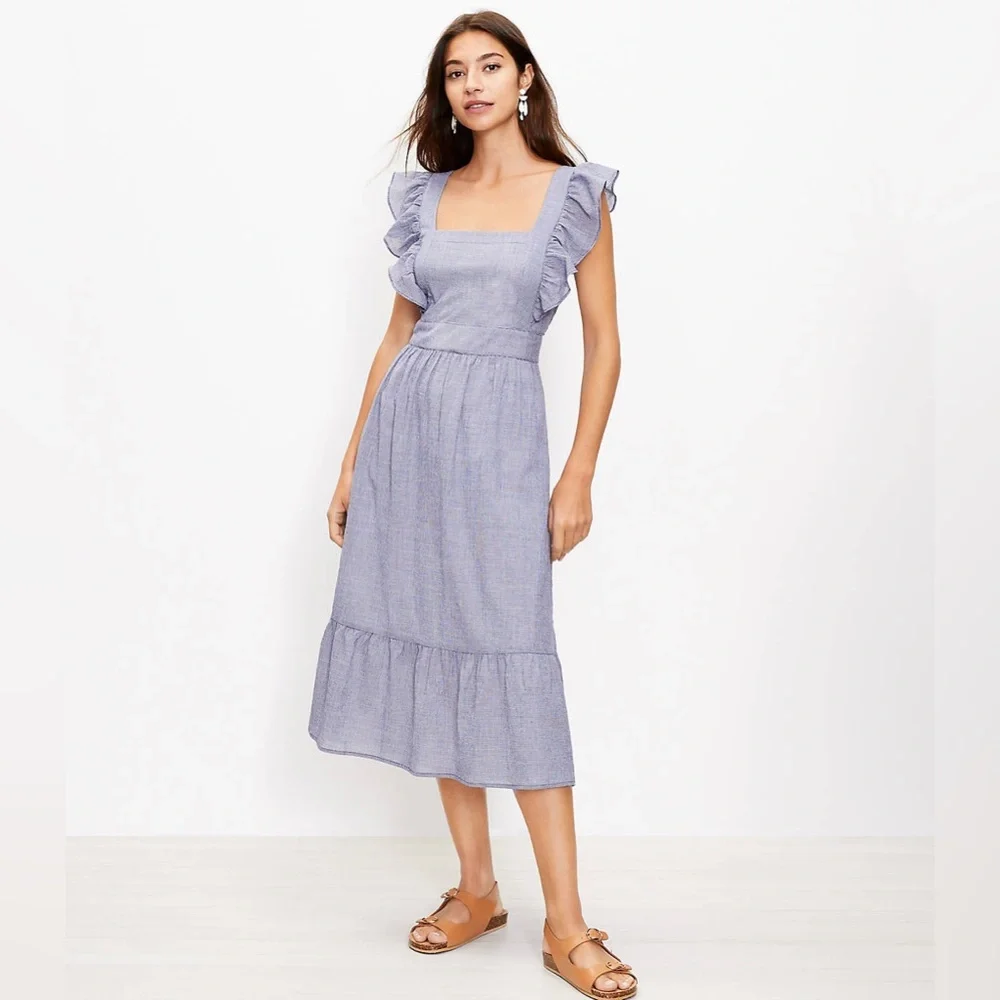 Loft Petite Checked Ruffle Cutout Back Midi Dress - Picture 1 of 5